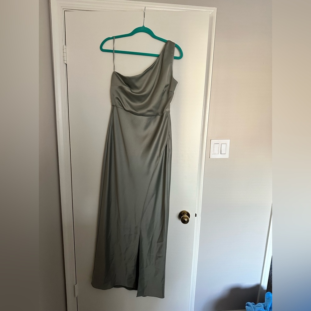 BHLDN One-Shoulder Sage Green Satin Gown - Picture 4 of 14